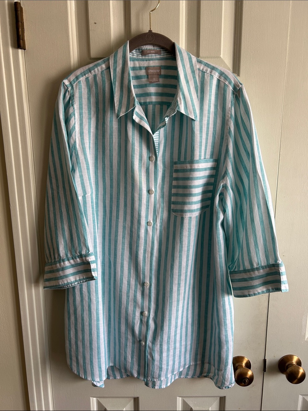 Chico’s Size 3 Linen Aqua Striped Shirts